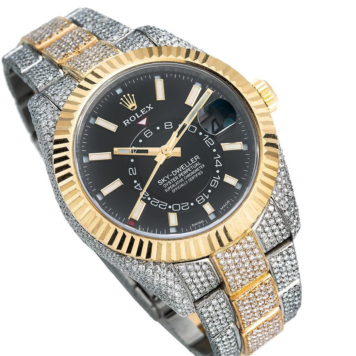 Rolex Sky-Dweller 42MM 326933 Black Dial Fluted Bezel Two Tone Yellow Gold Full Diamond Oyster Bracelet 21.5ct - Image 3